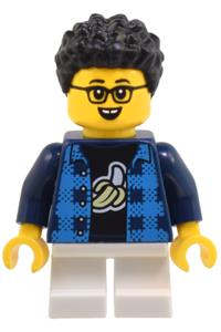 Child Boy Minifigure - Boy with black hair, wearing flannel vest over shirt with banana, and white short legs - cty1806