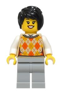Hot Dog Stand Customer Minifigure - Female hot dog stand customer wearing a tan knit argyle sweater vest, light bluish gray legs, and black hair - cty1808