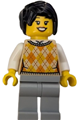 Female hot dog stand customer wearing a tan knit argyle sweater vest, light bluish gray legs, and black hair - cty1808