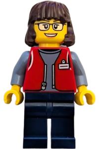 Forklift Driver Minifigure - Female forklift driver wearing a red vest over a sand blue shirt, with dark blue legs and dark brown hair - cty1809