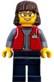 Female forklift driver wearing a red vest over a sand blue shirt, with dark blue legs and dark brown hair - cty1809