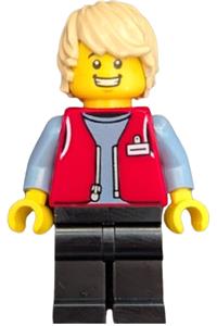 Forklift Driver Minifigure - Male forklift driver with a red vest over a sand blue shirt, black legs, and tan hair - cty1810