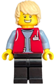 Male forklift driver with a red vest over a sand blue shirt, black legs, and tan hair - cty1810