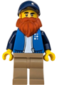 Male truck driver with a dark orange beard wearing a blue jacket over white shirt, dark tan legs, and a dark blue cap - cty1811