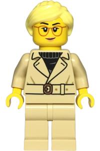 Female Sports Car Driver Minifigure - Female sports car driver with tan jacket and legs, bright light yellow ponytail, and glasses - cty1812