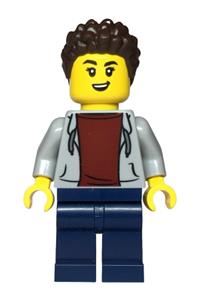 Female Sports Car Driver Minifigure - Female sports car driver in a light bluish gray hoodie with a dark red shirt, dark blue legs, and dark brown hair - cty1813