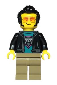 Male Sports Car Driver Minifigure - Male sports car driver in black jacket over dark turquoise shirt with hawk head logo, dark tan legs, black hair, wearing sunglasses - cty1814
