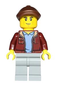 Car Transporter Driver Minifigure - Car Transporter Driver - Male, Dark Red Jacket, Light Bluish Gray Legs, Reddish Brown Flat Cap - cty1815