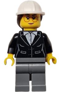 Construction Engineer Architect - Female construction engineer/architect with black suit jacket, white button-up shirt, dark bluish gray legs, white construction helmet with dark brown ponytail hair, and glasses - cty1816