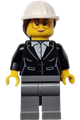Female construction engineer/architect with black suit jacket, white button-up shirt, dark bluish gray legs, white construction helmet with dark brown ponytail hair, and glasses - cty1816