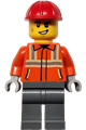 Male construction worker with a reddish orange safety jacket with reflective stripes, dark bluish gray legs, and a red construction helmet - cty1817