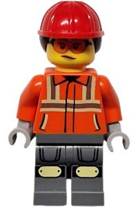 Female Construction Worker - Female construction worker with a reddish orange safety jacket, dark bluish gray legs, a red construction helmet, and safety glasses - cty1818