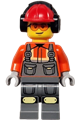Male construction worker in reddish orange safety jacket with reflective stripe, dark bluish gray overalls, red construction helmet, and safety glasses - cty1819