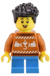 Boy in Holiday Sweater Minifigure - Boy wearing a dark orange holiday sweater, with short dark azure legs and black hair - cty1820