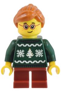 Girl in Holiday Sweater Minifigure - Girl child in dark green holiday sweater with dark red short legs and dark orange hair - cty1821