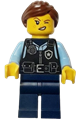Female city police officer with black safety vest, silver star badge logo, dark blue legs, and reddish brown hair in a ponytail - cty1826