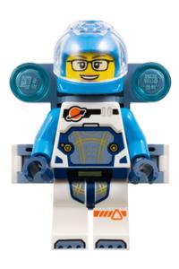 Female Space Explorer Minifigure - Female space explorer in a white spacesuit with dark azure arms and helmet, trans-clear visor, sand blue utility backpack, and glasses - cty1828