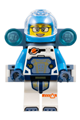 Female space explorer in a white spacesuit with dark azure arms and helmet, trans-clear visor, sand blue utility backpack, and glasses - cty1828
