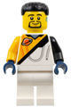 Male space explorer in bright light orange and white spacesuit with black short hair, goatee, and cochlear implant - cty1829