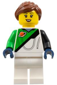 Female Space Explorer Minifigure - Female space explorer in a bright green and white spacesuit with a reddish brown ponytail - cty1830