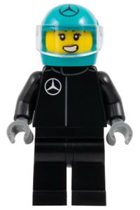 Formula 1 Driver Mercedes  - Female Formula 1 driver for Mercedes in black racing suit, dark turquoise helmet with trans-clear visor - cty1831