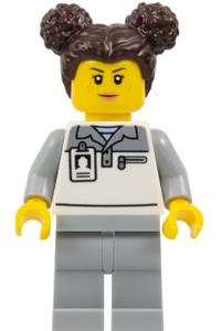 Female Formula 1 Mechanic - Female Formula 1 mechanic with dark brown hair in buns, wearing a light bluish gray and white polo shirt and legs, with freckles - cty1833