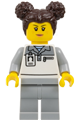 Female Formula 1 mechanic with dark brown hair in buns, wearing a light bluish gray and white polo shirt and legs, with freckles - cty1833