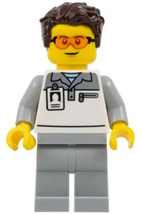 Formula 1 Mechanic Minifigure - Male Formula 1 mechanic wearing a light bluish gray and white polo shirt, light bluish gray legs, dark brown tousled hair, and safety glasses - cty1834