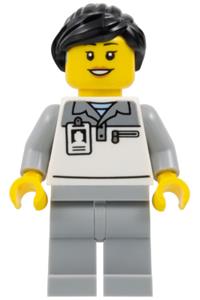 Female Formula 1 Mechanic - Female Formula 1 mechanic with black ponytail, wearing light bluish gray and white polo shirt, and light bluish gray legs, equipped with a hearing aid - cty1835