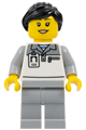 Female Formula 1 mechanic with black ponytail, wearing light bluish gray and white polo shirt, and light bluish gray legs, equipped with a hearing aid - cty1835