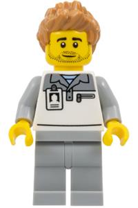 Formula 1 Mechanic Minifigure - Male Formula 1 mechanic with light bluish gray and white polo shirt, light bluish gray legs, medium nougat spiked hair, and stubble - cty1836
