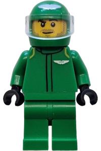 Formula 1 Driver Aston Martin - Male Aston Martin Formula 1 driver wearing a green racing suit and helmet with a trans-clear visor and stubble - cty1837