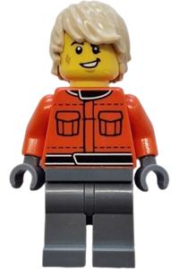 Formula 1 Race Crew Member - Male Formula 1 race crew member with a reddish-orange racing suit, dark bluish-gray legs, tan tousled hair, and a scuff mark - cty1840