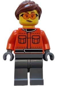 Formula 1 Race Crew Member - Female F1 race crew member in reddish orange racing suit with pockets, dark bluish gray legs, reddish brown hair, and safety glasses - cty1841