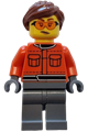 Female F1 race crew member in reddish orange racing suit with pockets, dark bluish gray legs, reddish brown hair, and safety glasses - cty1841