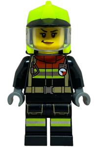 Fire Truck Soapbox Race Car Driver - Soapbox Racer female firefighter in black jacket with reflective stripes, black legs, neon yellow fire helmet, and trans-clear visor - cty1843