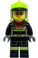 Soapbox Racer female firefighter in black jacket with reflective stripes, black legs, neon yellow fire helmet, and trans-clear visor - cty1843