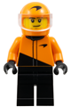Male McLaren Formula 1 driver in a black and orange racing suit with an orange helmet, trans-clear visor, and stubble - cty1846
