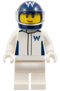 Haas Formula 1 Driver Minifigure - Male Formula 1 driver for Williams in a white racing suit, dark blue helmet, and a trans-clear visor - cty1847