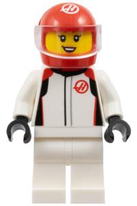 Haas Formula 1 Driver Minifigure - Female Haas Formula 1 driver in a white racing suit with a red helmet and a trans-clear visor - cty1848