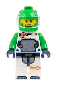 Male Astronaut Minifigure - Male astronaut in a white spacesuit with bright green arms, wearing a bright green helmet with a trans-clear visor and a goatee - cty1849