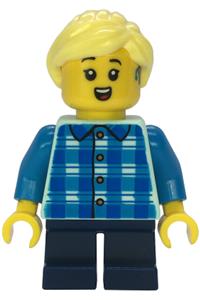 Girl Child Minifigure - Girl child in blue and dark azure plaid shirt with dark blue short legs, bright light yellow ponytail, and hearing aid - cty1850