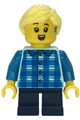 Girl child in blue and dark azure plaid shirt with dark blue short legs, bright light yellow ponytail, and hearing aid - cty1850