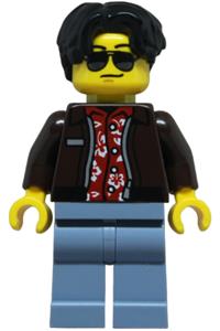 Sports Car Driver Minifigure - Male sports car driver with a dark brown jacket over a red Hawaiian shirt, sand blue legs, black wavy hair, and sunglasses - cty1852