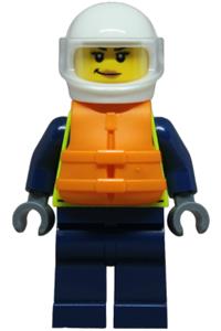 Female City Police Officer - Female City Police Officer wearing a white helmet with a trans-clear visor, neon yellow safety vest, dark blue legs, and an orange life jacket - cty1853