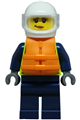 Female City Police Officer wearing a white helmet with a trans-clear visor, neon yellow safety vest, dark blue legs, and an orange life jacket - cty1853