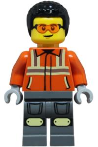 Construction Worker Minifigure - Male construction worker with black coiled hair and safety glasses, wearing a reddish orange safety jacket with reflective stripes and dark bluish gray legs with knee pads - cty1854