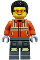 Male construction worker with black coiled hair and safety glasses, wearing a reddish orange safety jacket with reflective stripes and dark bluish gray legs with knee pads - cty1854