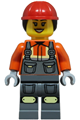 Female construction worker in dark bluish gray overalls over a reddish orange safety jacket, with knee pads and a red construction helmet with dark brown ponytail hair - cty1855