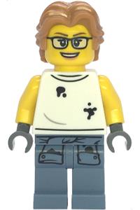 Scrapyard Worker Minifigure - Female scrapyard worker wearing a white sleeveless shirt with oil stains, sand blue legs with shirt sleeves also stained, medium nougat wavy hair, and glasses - cty1856
